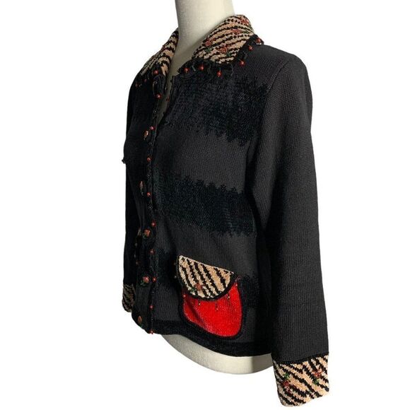 Vintage Jack B Quick Cardigan Sweater S Black Beaded Flowers Buttons Chenille - Picture 4 of 7